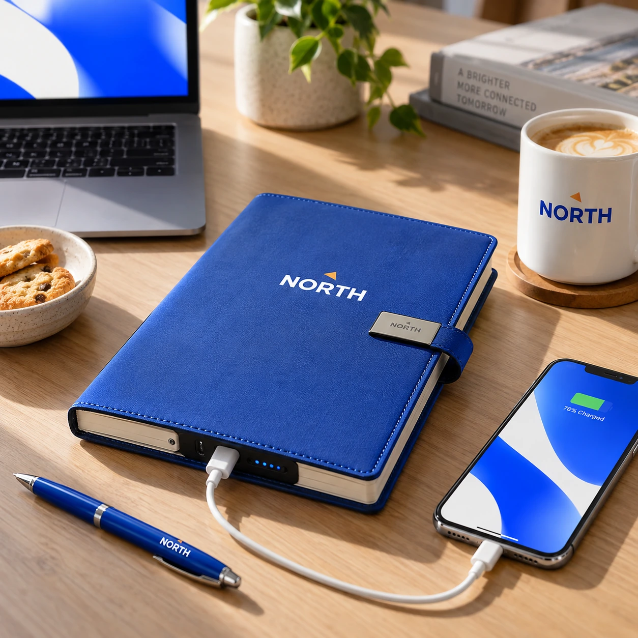 Illustrative branded notebooks with power banks