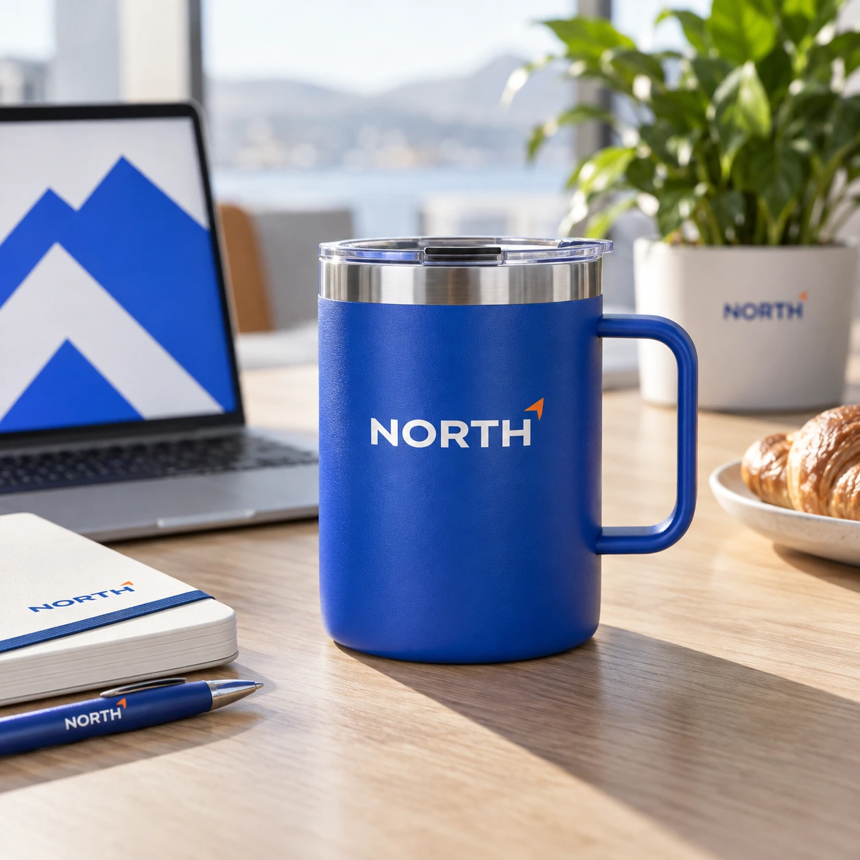 Illustrative branded travel mugs