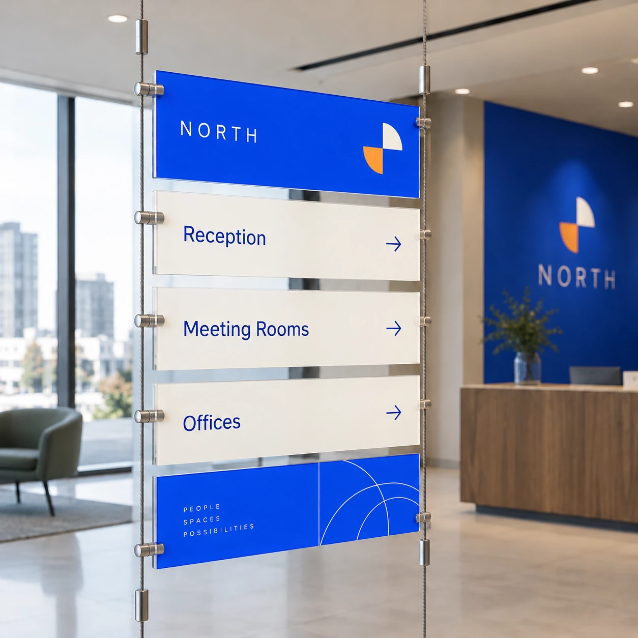 Illustrative cable-mounted directory signs