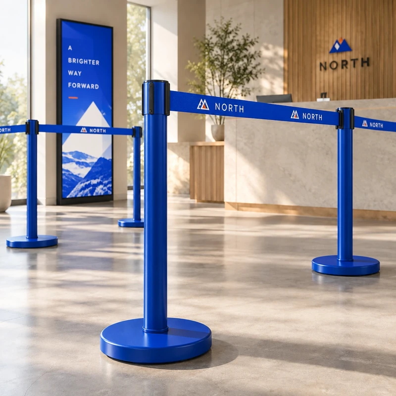 Illustrative branded queue barriers