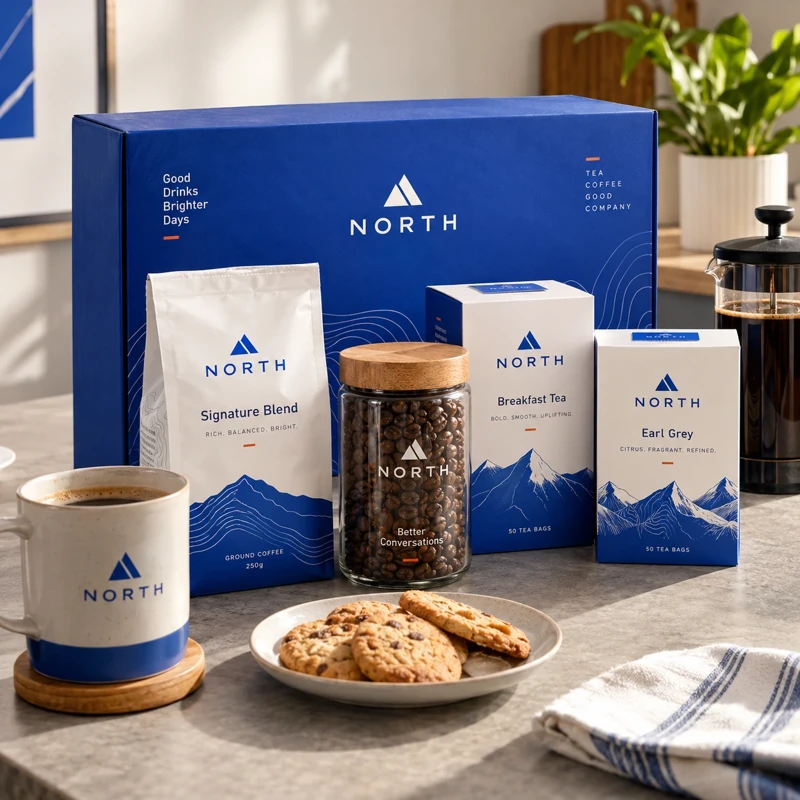 Illustrative branded tea and coffee gift packs