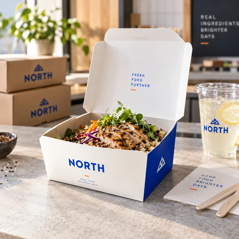 Illustrative food takeaway boxes