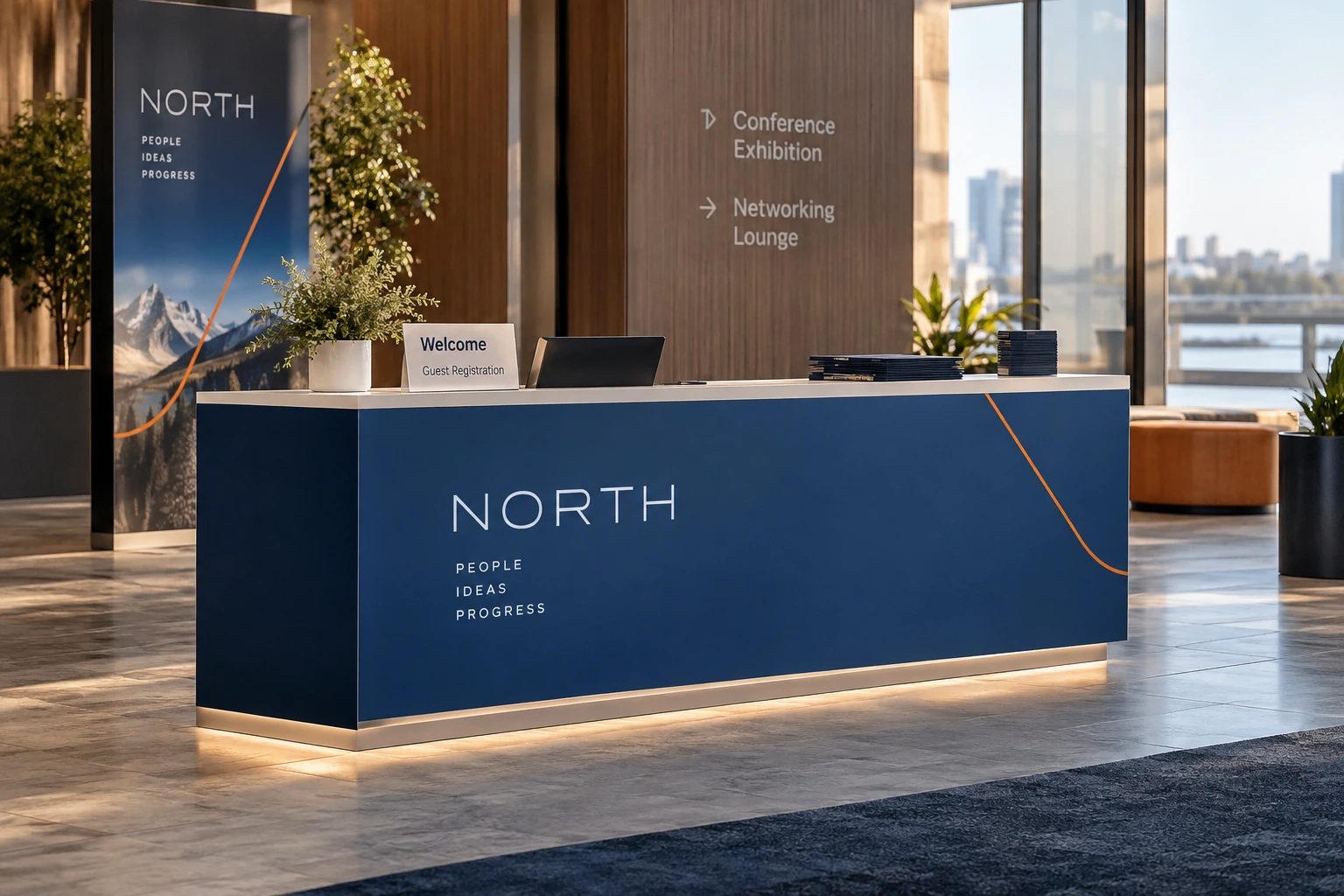 Illustrative event registration desks